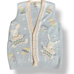 Vintage 90s Hand Knit Bunny Sweater Vest Pastel Blue Spring Size Small Whimsical